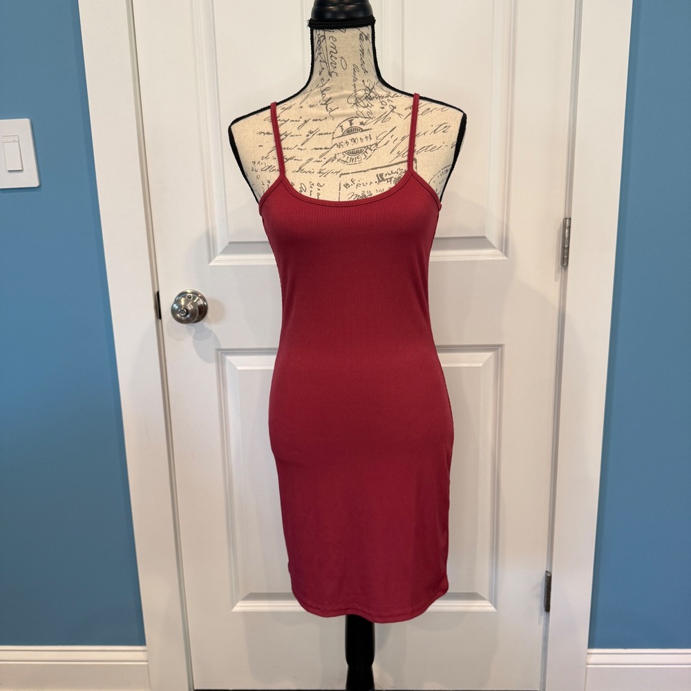Ribbed Spaghetti Strap‎ Bodycon Mini Dress Dark Red Scoop Neck Size Small